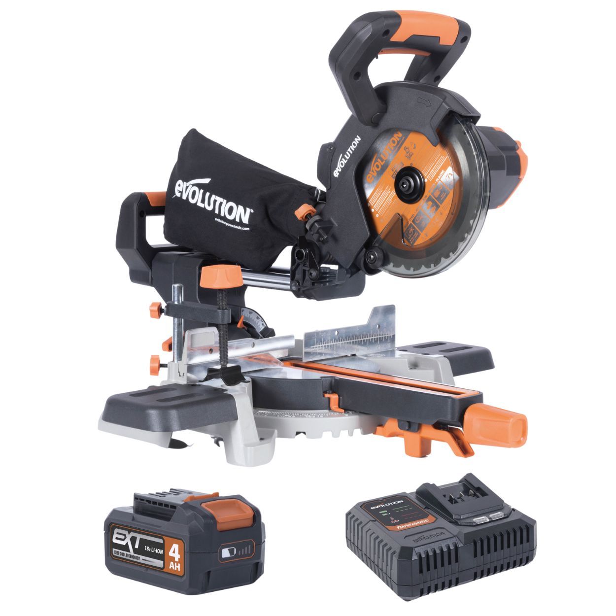 Evolution Cordless 185mm Sliding Mitre Saw Loaded Set