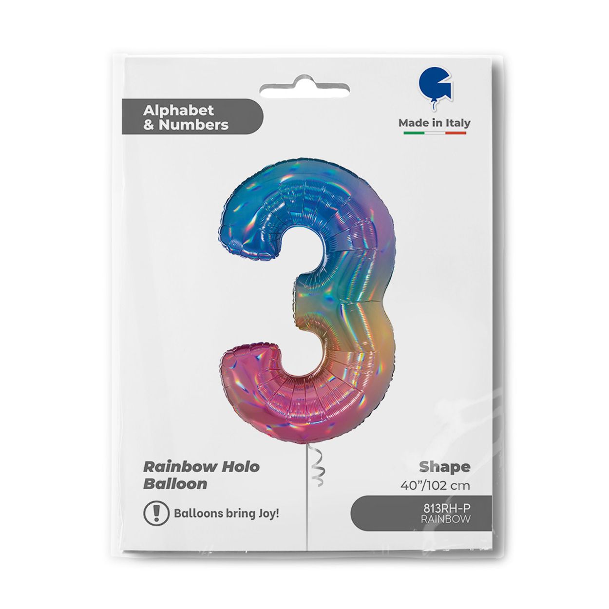Number 3 Colourful Rainbow Foil Balloon 40"