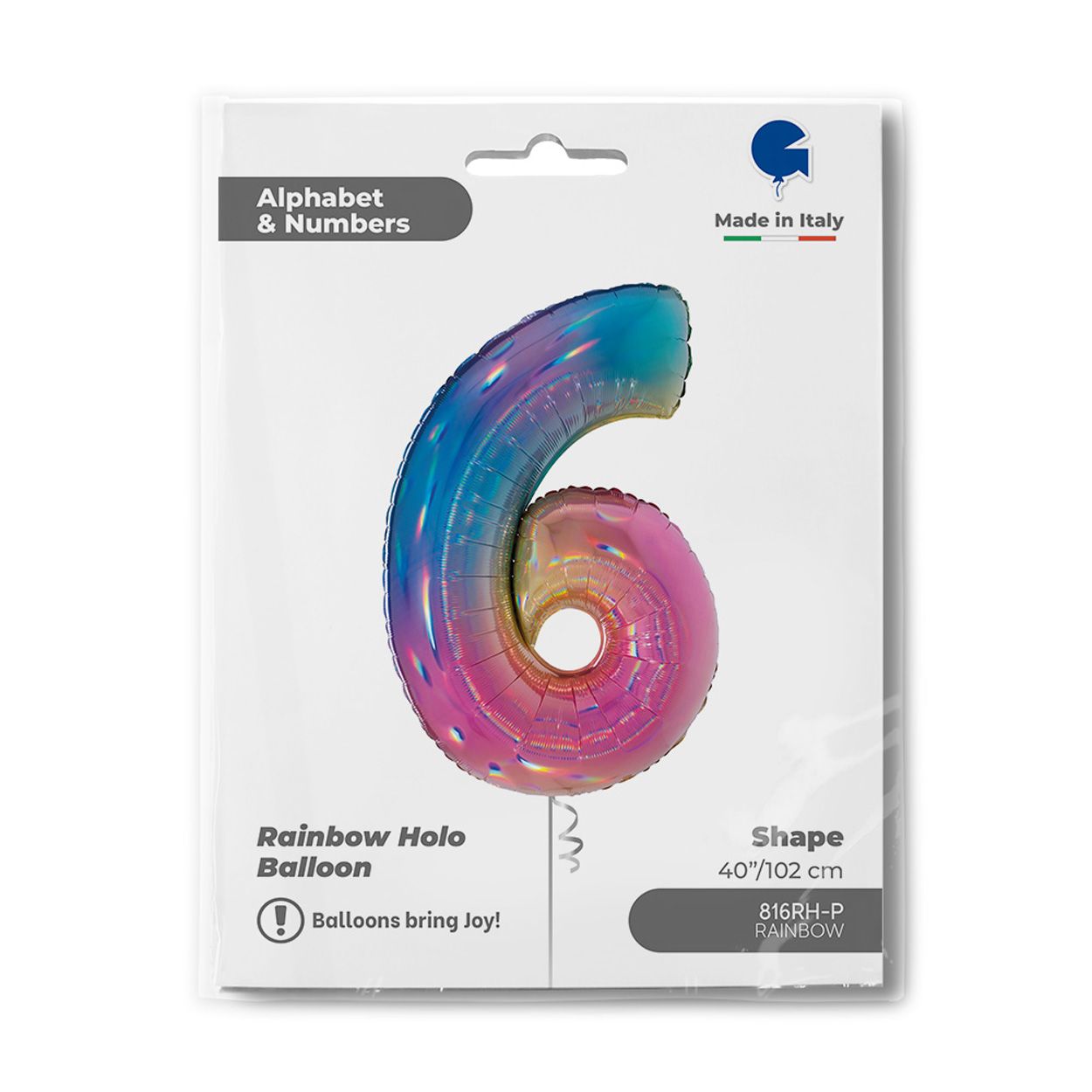 Number 6 Colourful Rainbow Foil Balloon 40"