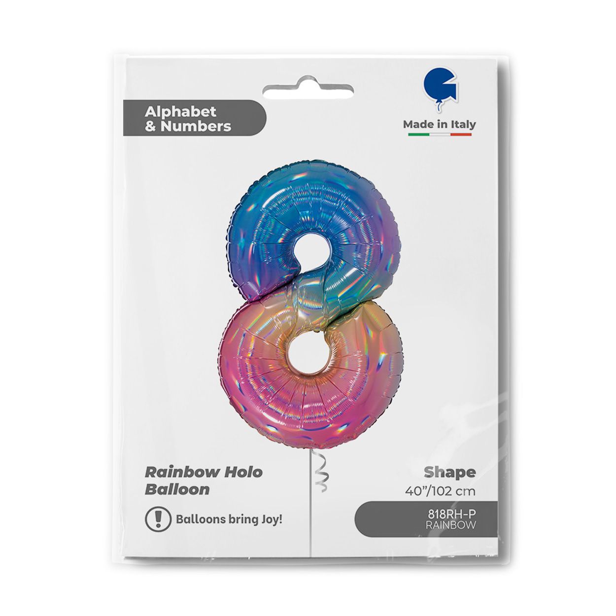 Number 8 Colourful Rainbow Foil Balloon 40"