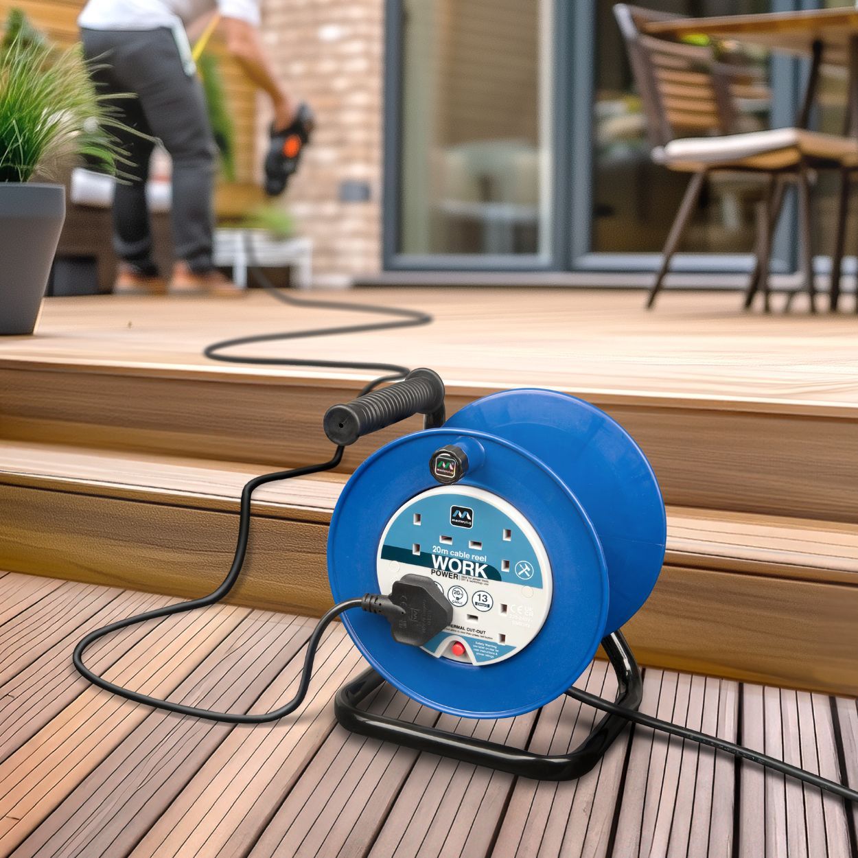 Masterplug 4 Socket 20m 13A Open Cable Reel with Thermal Cut-Out, Blue