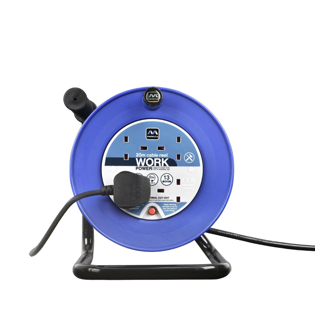 Masterplug 4 Socket 20m 13A Open Cable Reel with Thermal Cut-Out, Blue
