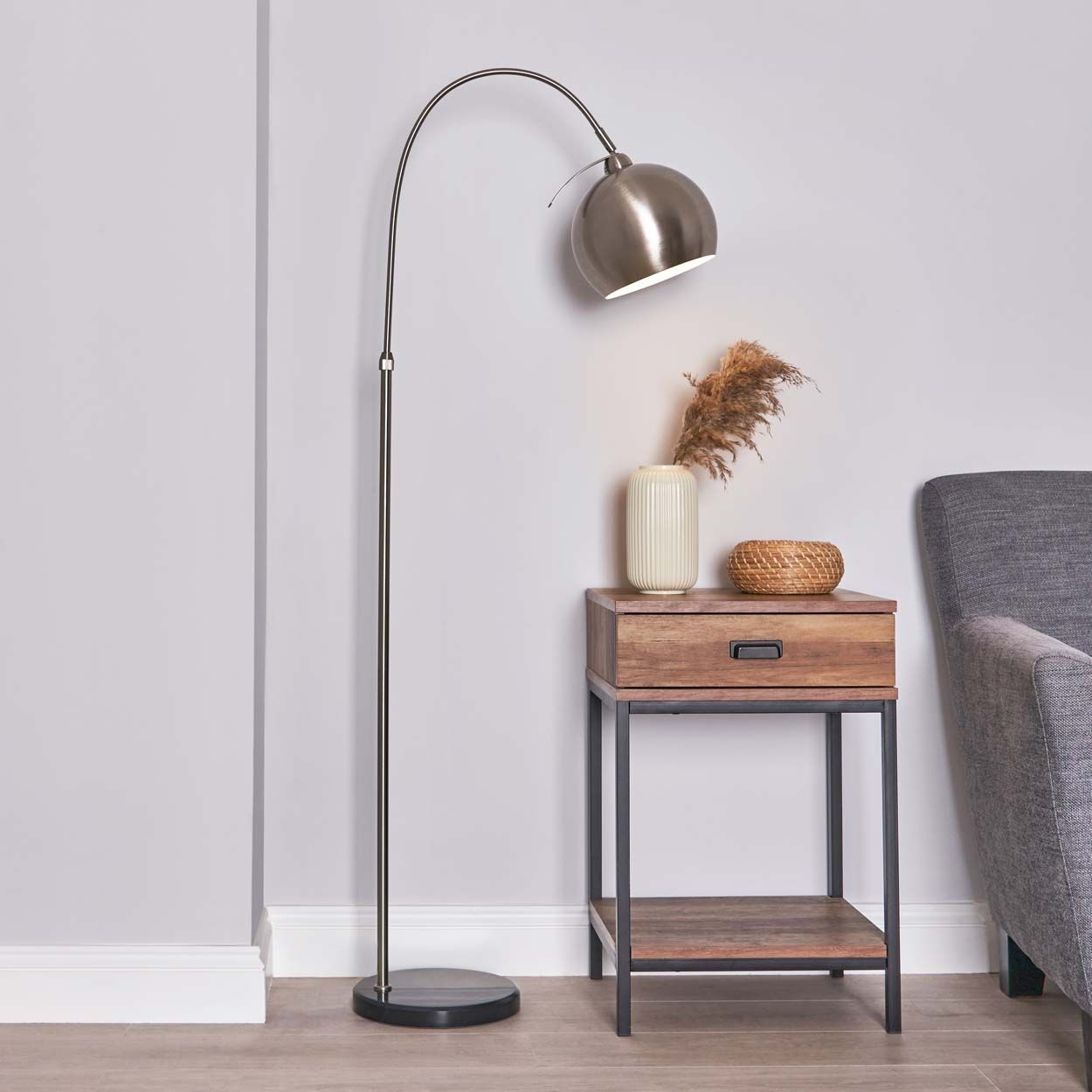 Cascade Lighting Rowen Curved Floor Lamp Satin Nickel
