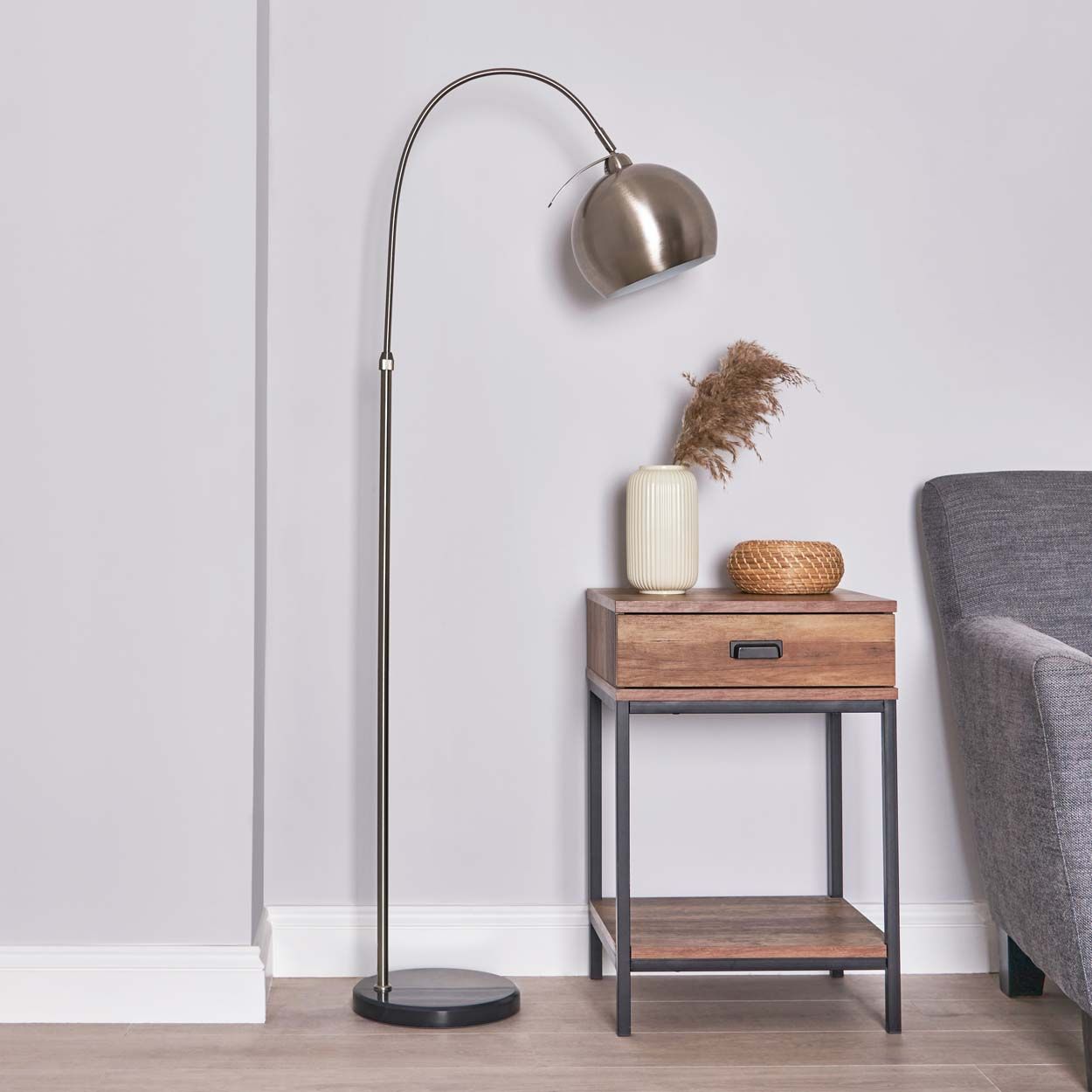 Cascade Lighting Rowen Curved Floor Lamp Satin Nickel