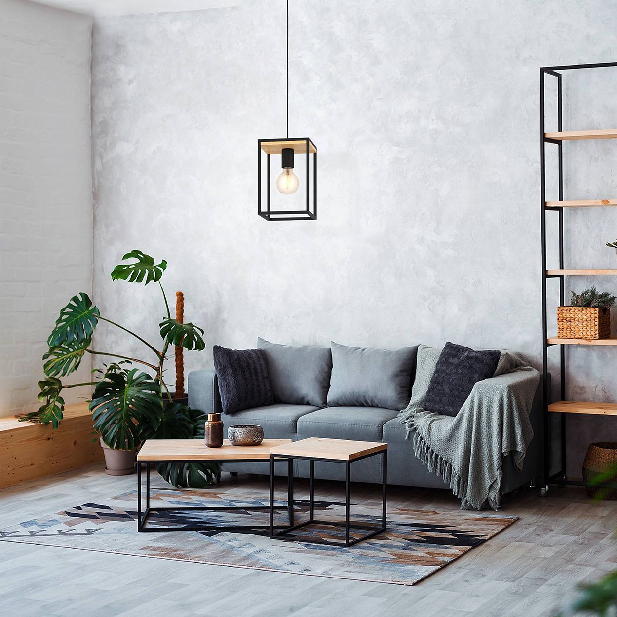 EGLO Libertad 1-Light Caged Black And Wooden Single Pendant