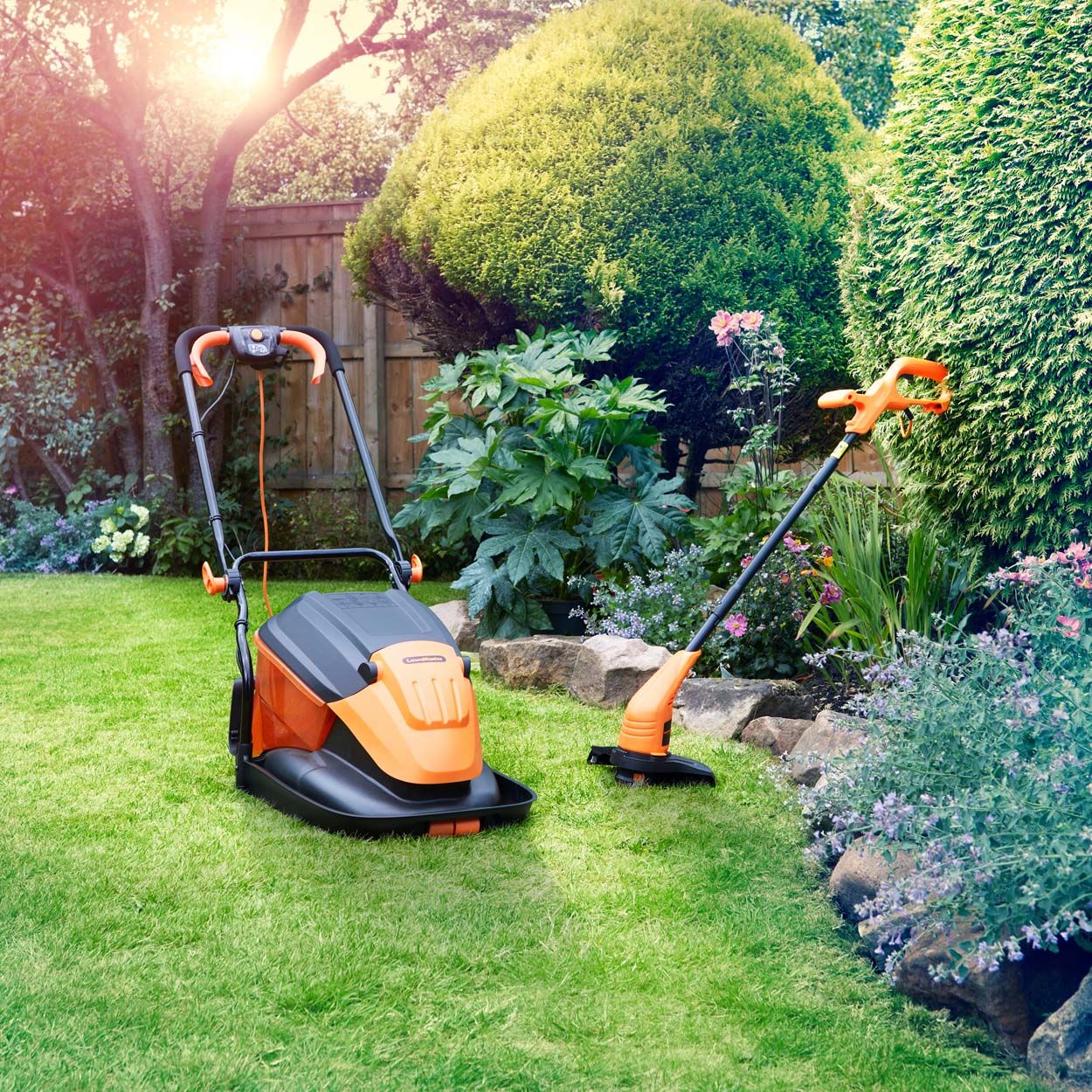 LawnMaster 33cm 1500W Hover Collect Lawnmower and 350W Grass Trimmer