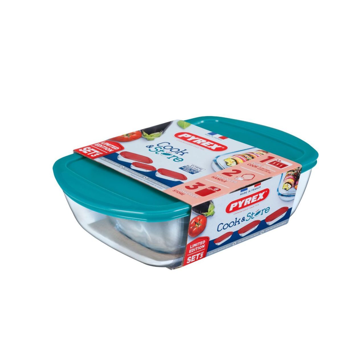 Pyrex 3 pc set glass storage dish with green lid