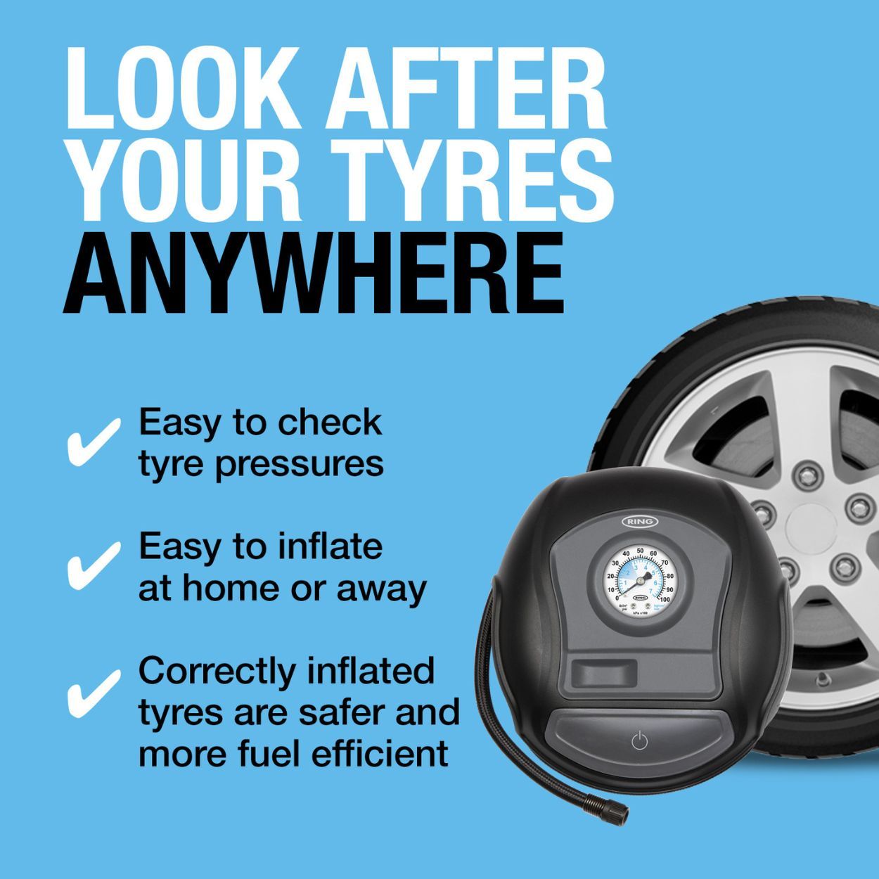 Analogue Tyre Inflator Includes Windup Power Cable