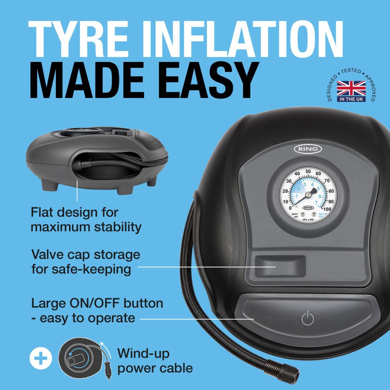 Analogue Tyre Inflator Includes Windup Power Cable
