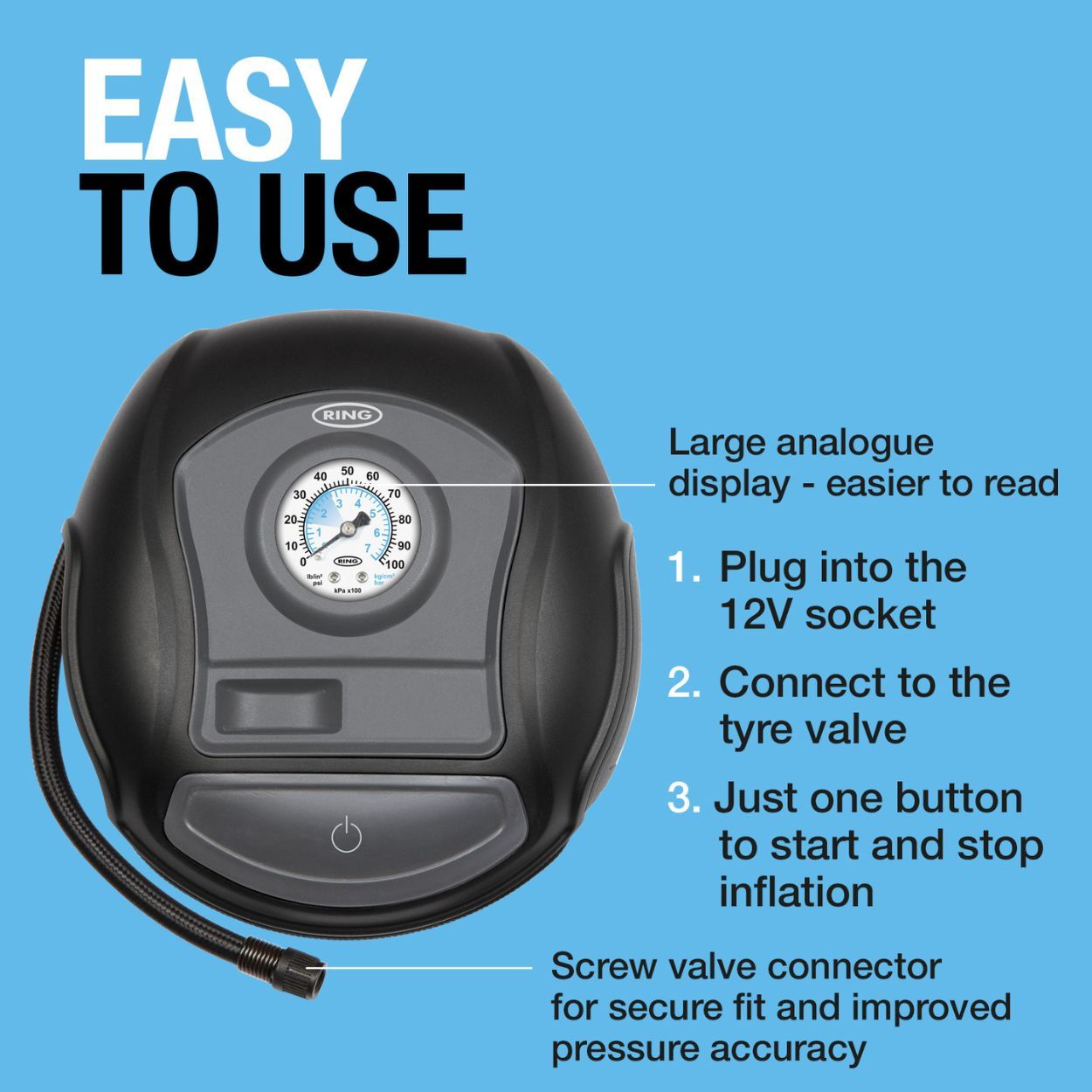 Analogue Tyre Inflator Includes Windup Power Cable