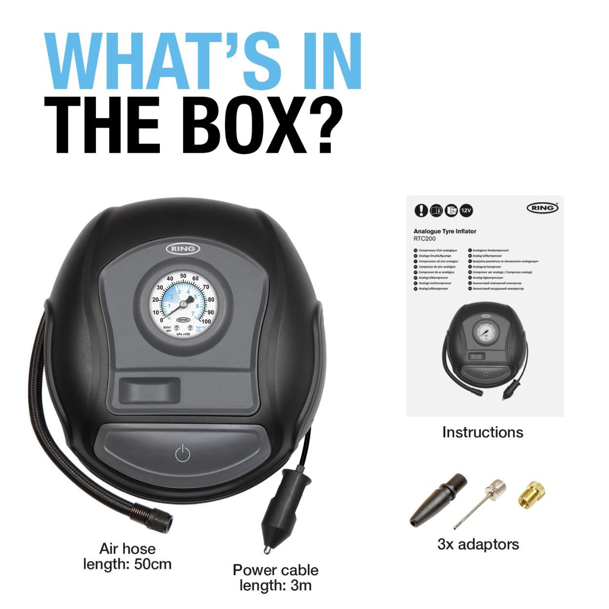 Analogue Tyre Inflator Includes Windup Power Cable