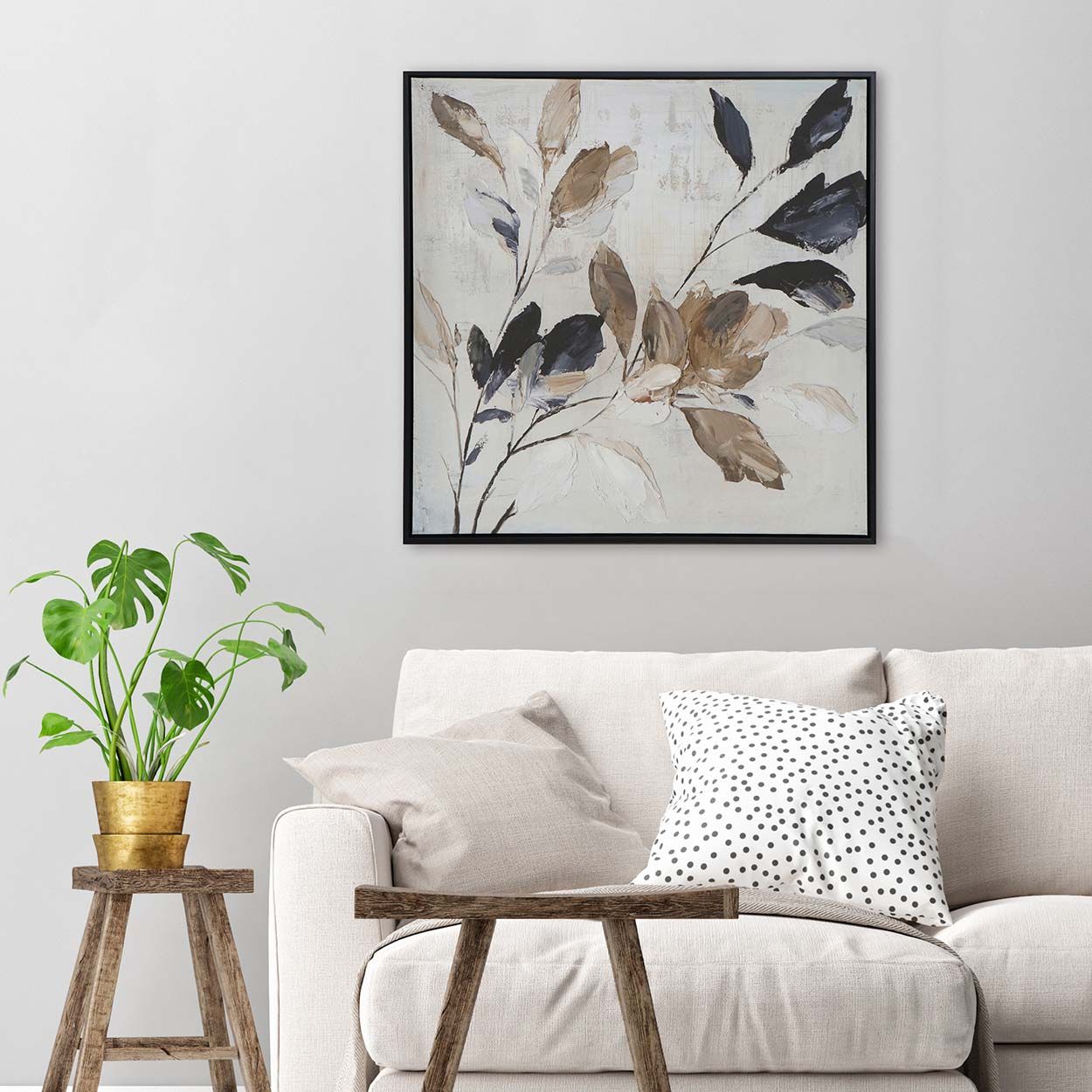 Leaves 60x60 Printed Canvas with Capped Frame and Hand Paint
