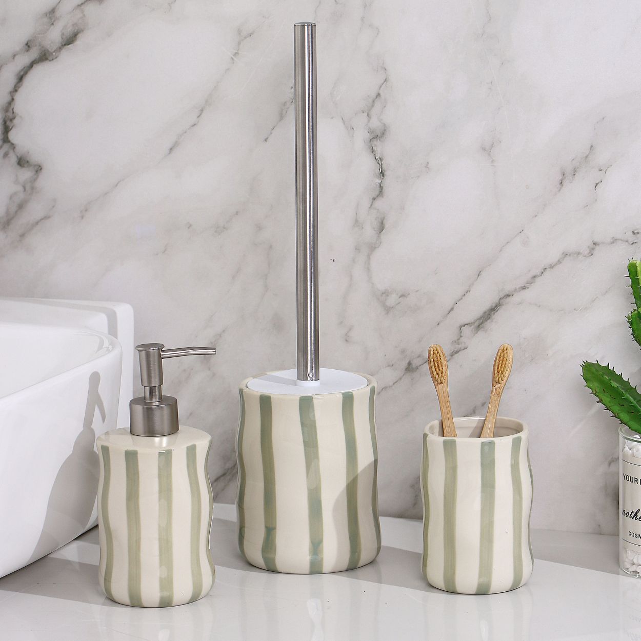 Green Stripe Ceramic Toilet Brush Holder