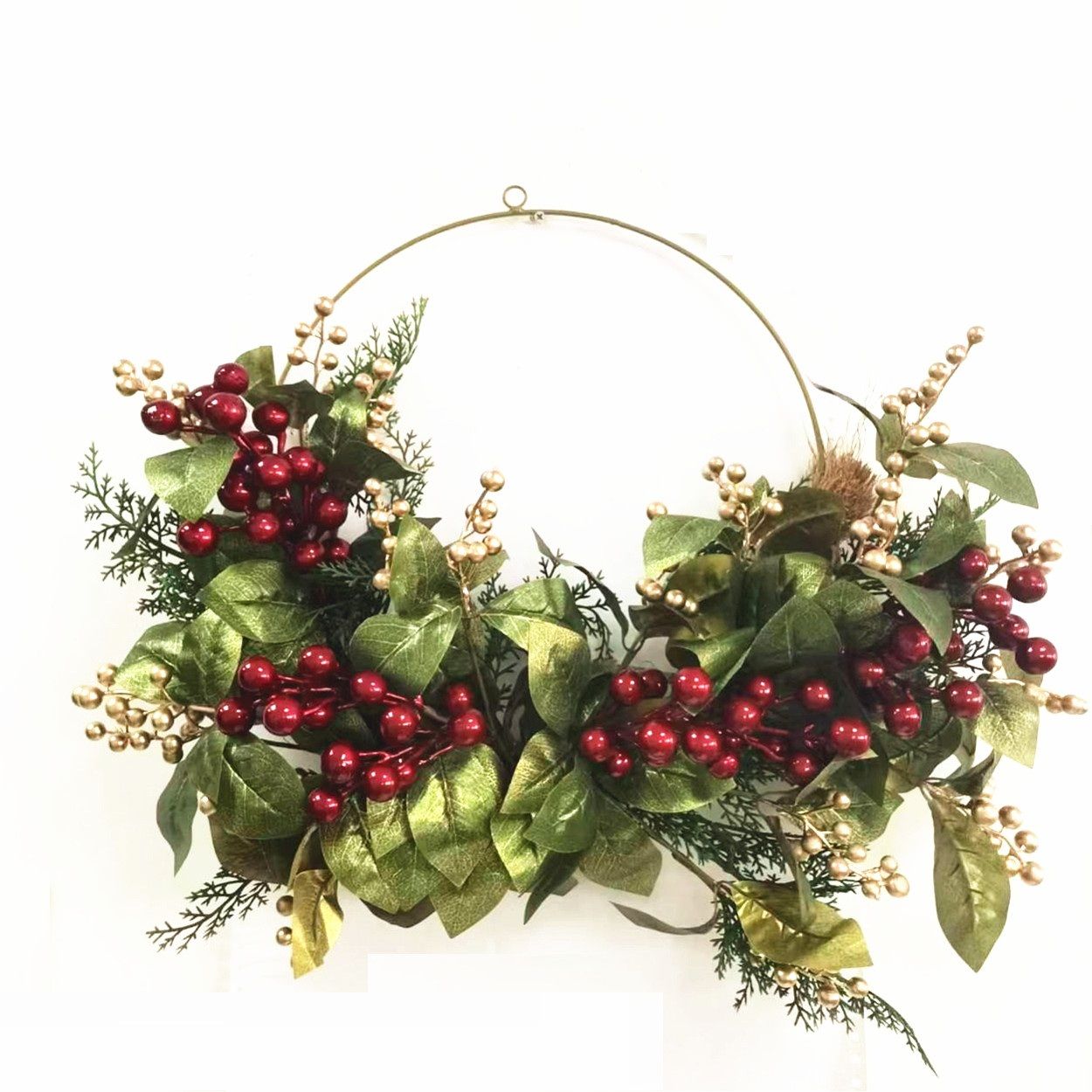 50cm Gold & Red Berry Half Wreath With Leaves