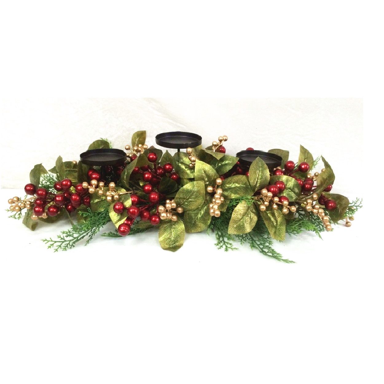 71cm Gold & Red Berry Candle Holder With Leaves
