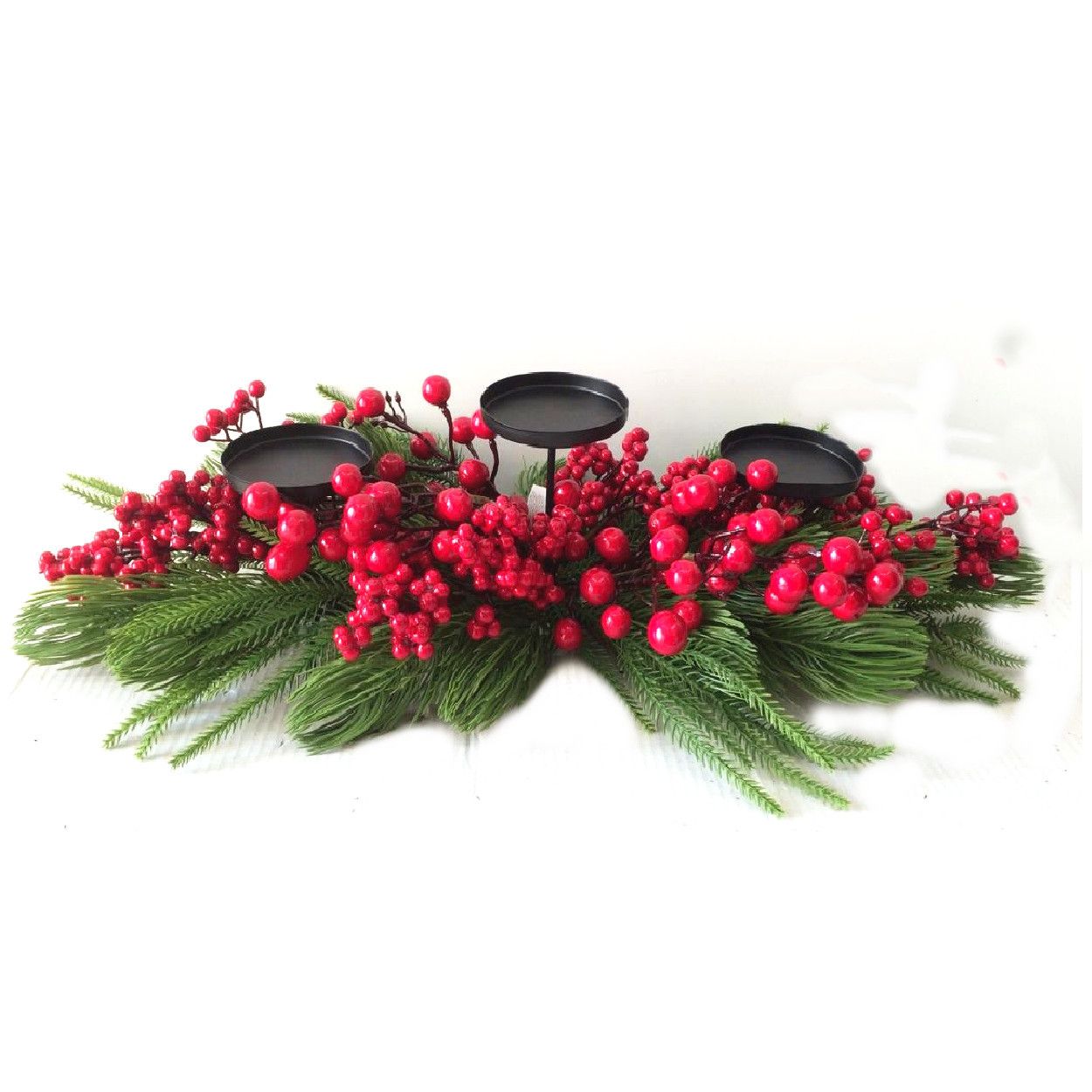 66cm Red Berry & Pine Candle Holder