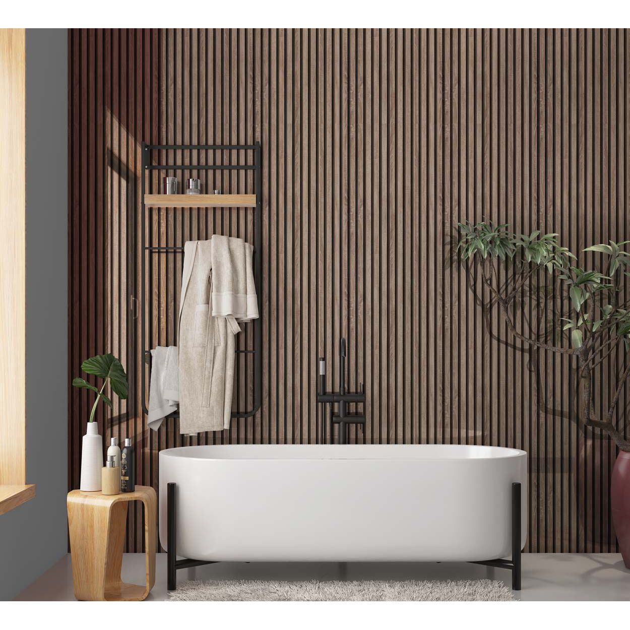 Splashbax Shower Panel Walnut Acoustic Slatted 122X244M