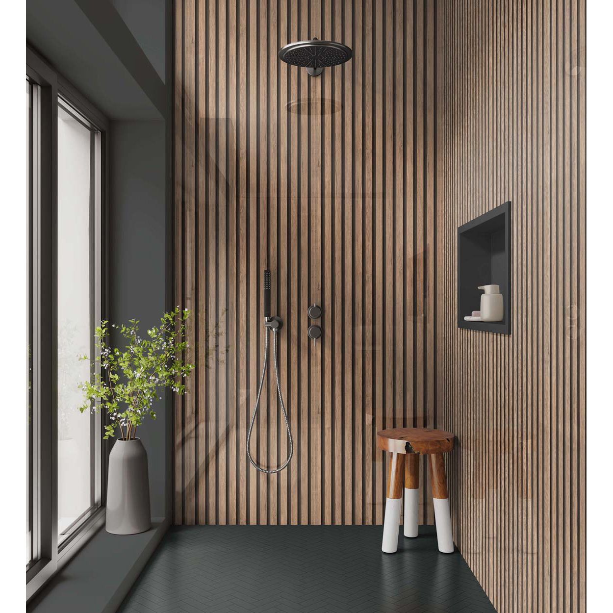 Splashbax Shower Panel Walnut Acoustic Slatted 122X244M