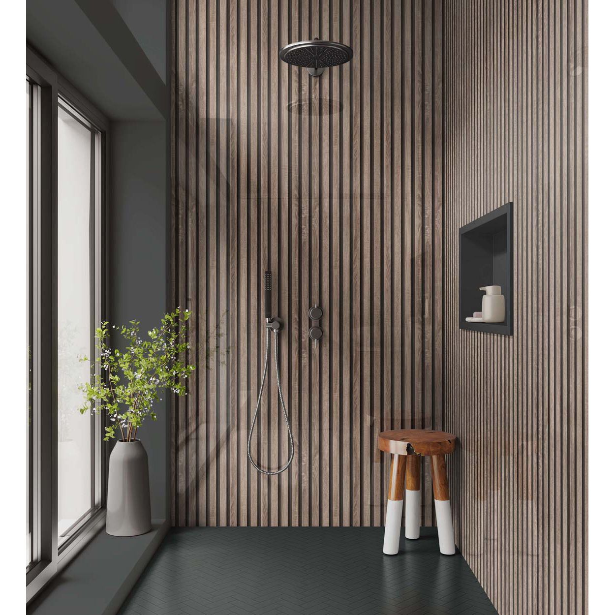 Splashbax Shower Panel Silver Oak Acoustic Slatted 122X244Cm
