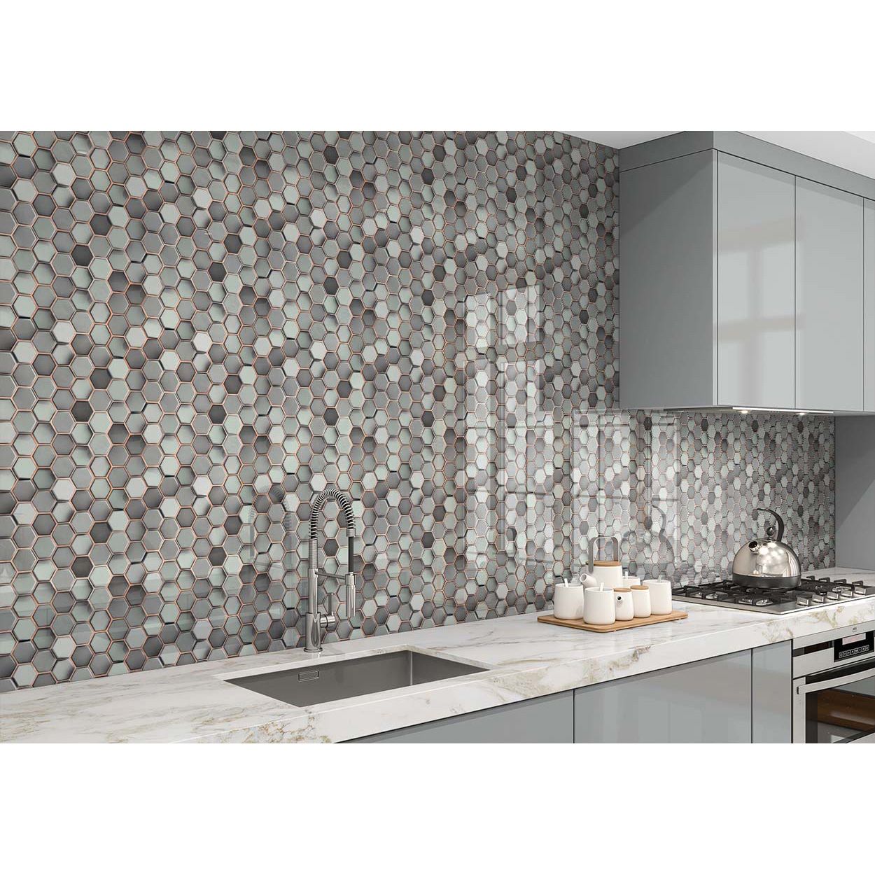 Splashbax Shower Panel Hexagon Grey Copper Mosaic 122X244Cm