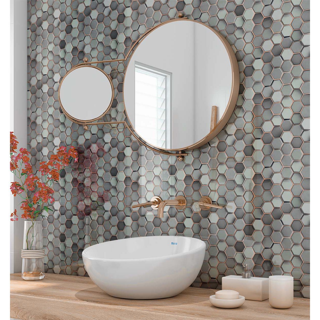 Splashbax Shower Panel Hexagon Grey Copper Mosaic 122X244Cm