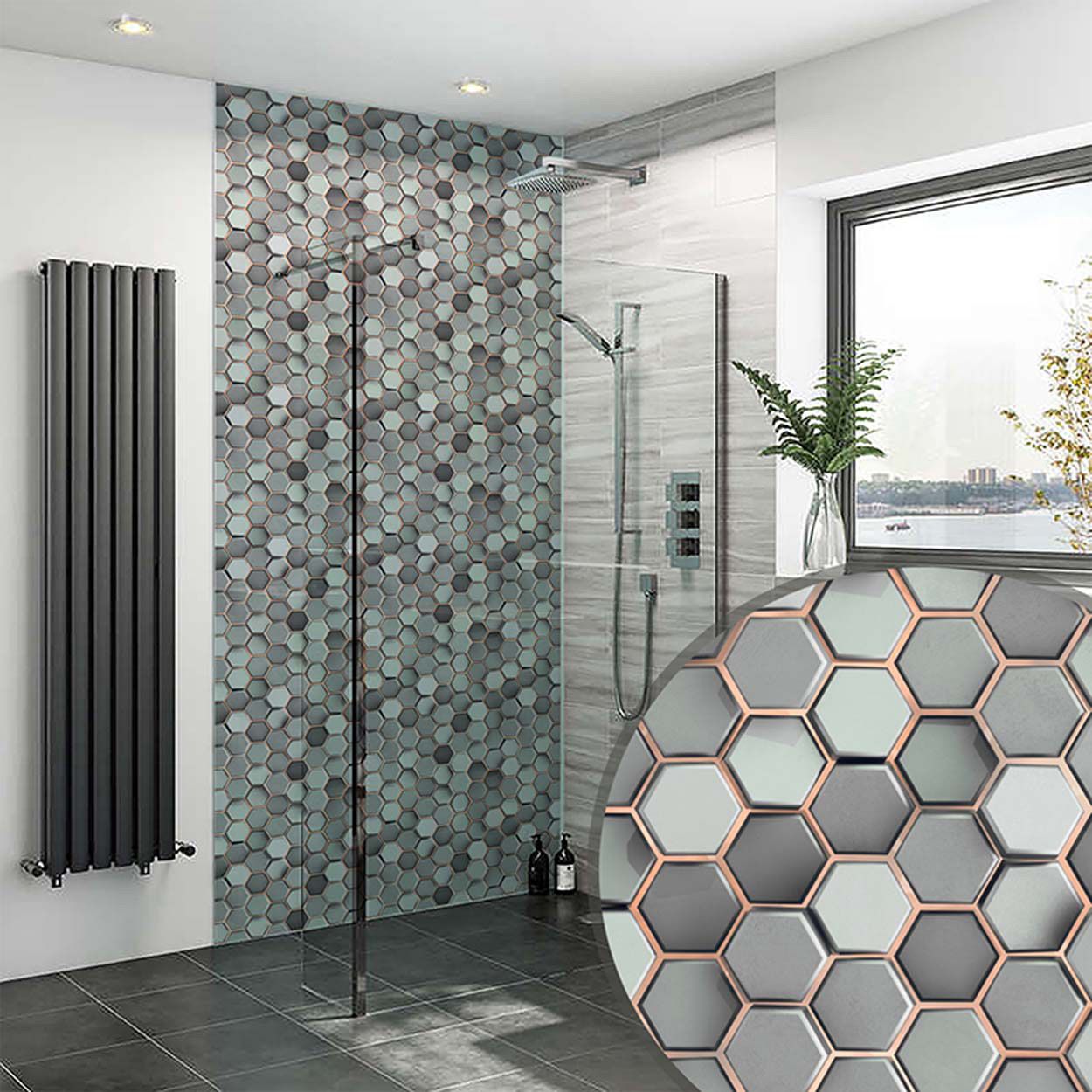 Splashbax Shower Panel Hexagon Grey Copper Mosaic 122X244Cm