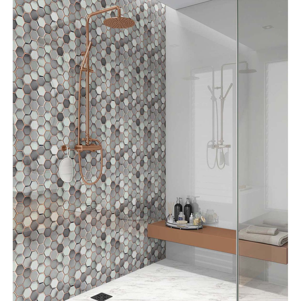 Splashbax Shower Panel Hexagon Grey Copper Mosaic 122X244Cm
