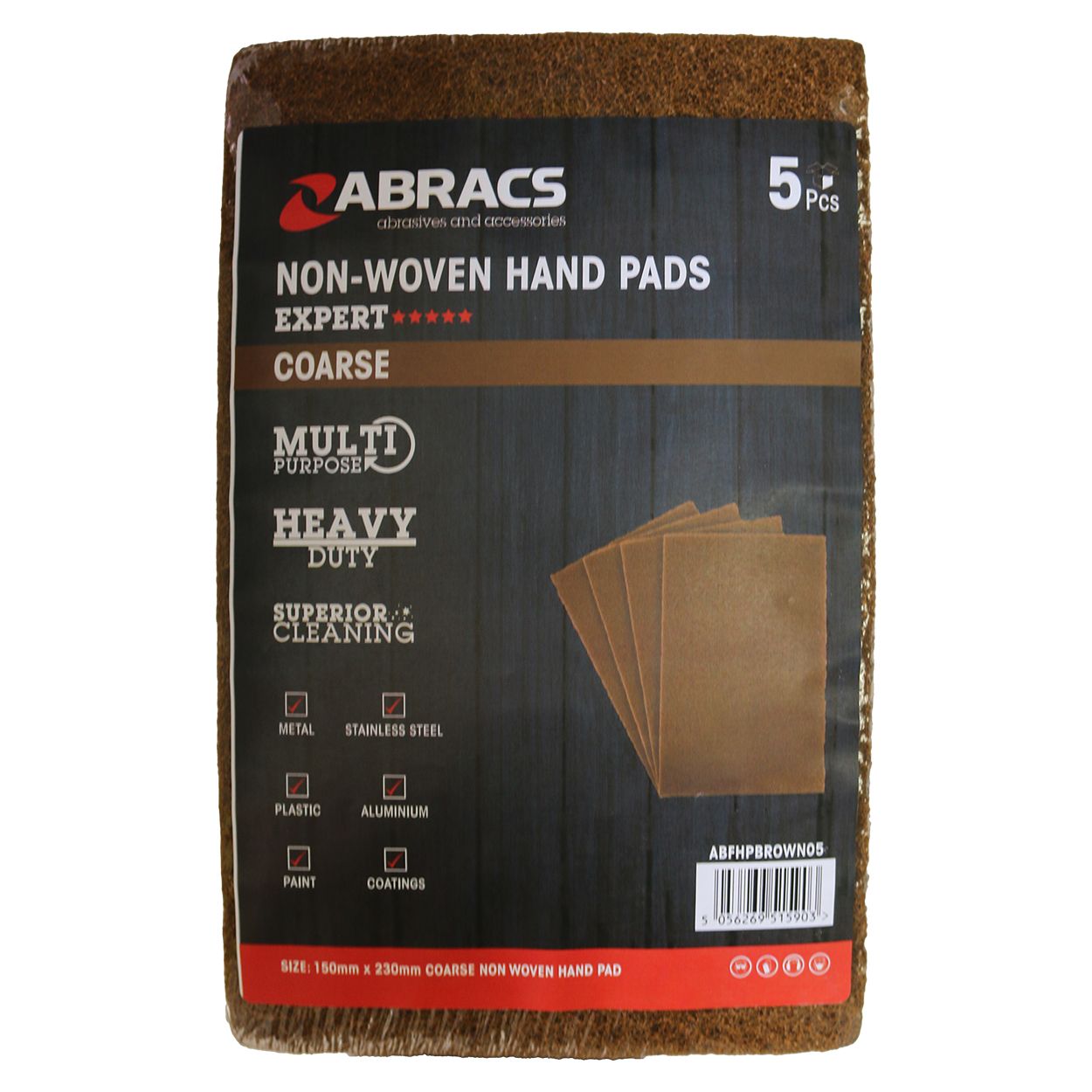 Abracs Flexible Hand Pad 150mm x 230mm Brown - Coarse 5pack