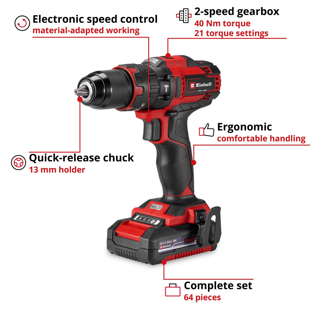 Einhell 18V Combi Driver Kit with 1x2Ah Battery, Charger & Accessories