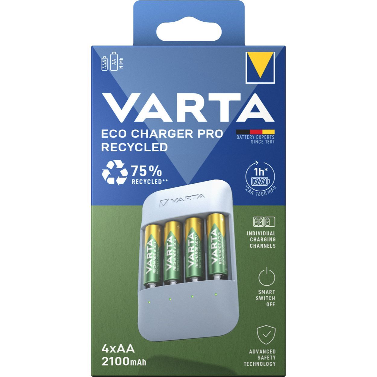 Varta Eco Recycled Battery Charger With 4XAA 2100Mah - Including Usb Type C Cable