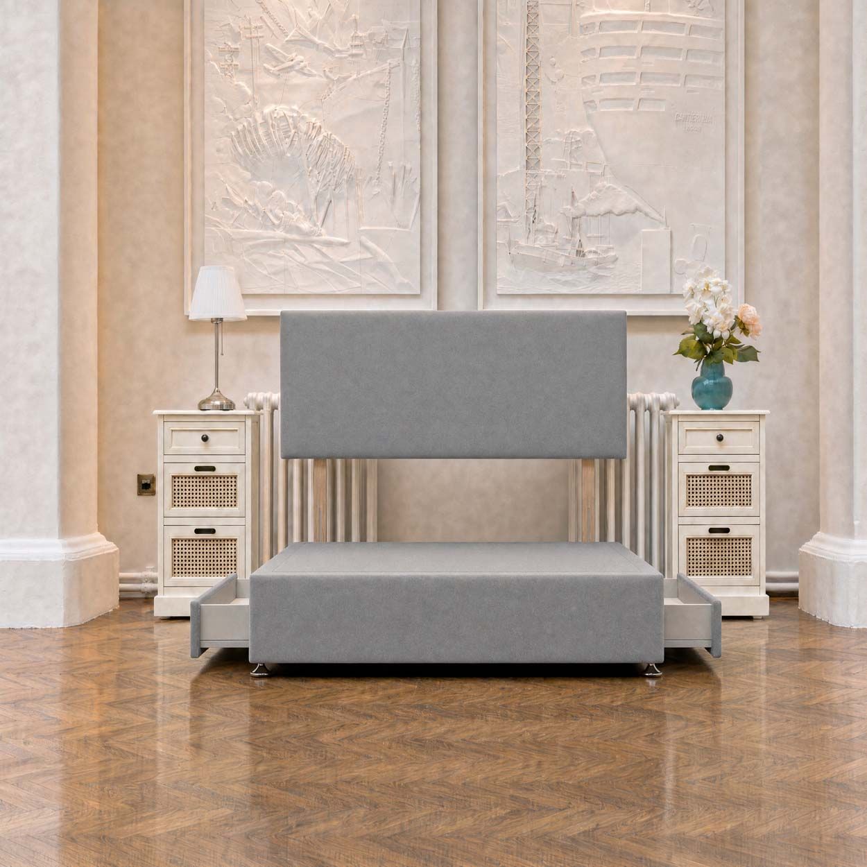 Single (3ft) DFI Beds Ashgrove Divan Bed and Headboard Grey 2 Drawer Storage
