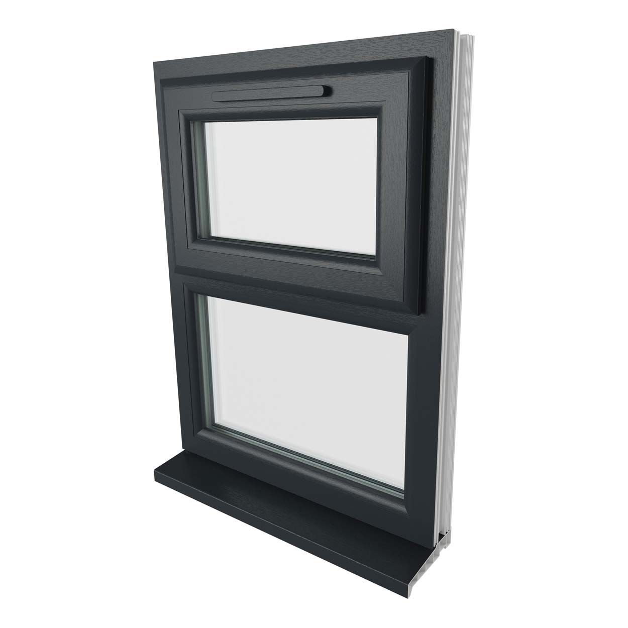 Crystal uPVC Window Grey 7016 A Rated Top Hung Opener Over Fixed Light
