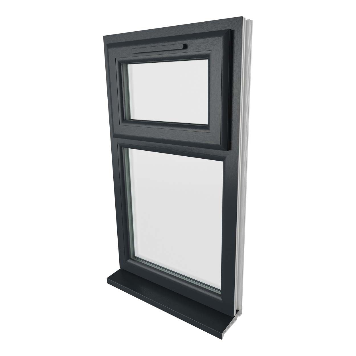 Crystal uPVC Window Grey 7016 A Rated Top Hung Opener Over Fixed Light 905mm x 965mm