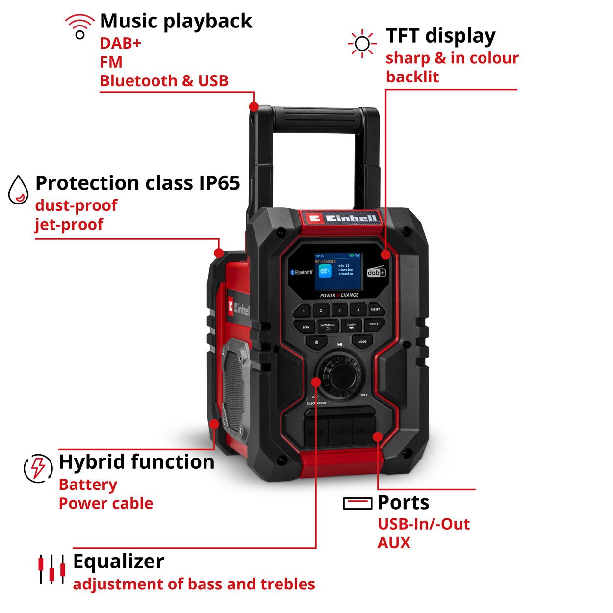 Einhell 18v TE-CR 18 Li DAB+/FM/BT Cordless Radio - Bare Unit