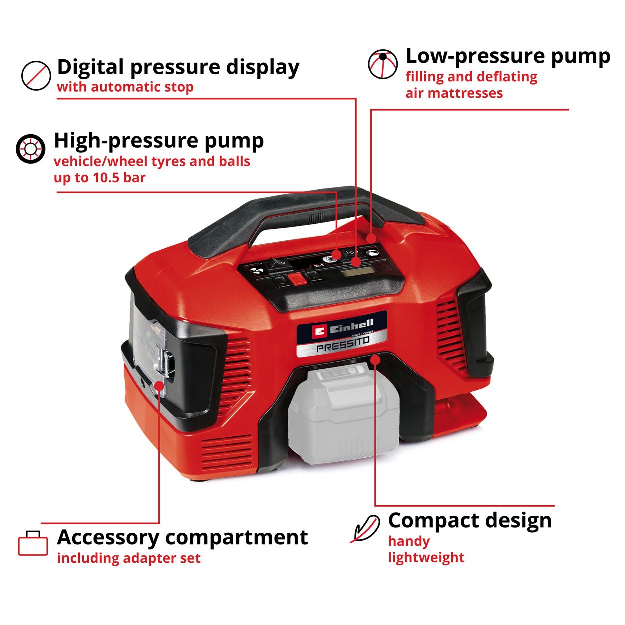 Einhell 18v PRESSITO 18/21 Cordless Air Compressor - Bare Unit