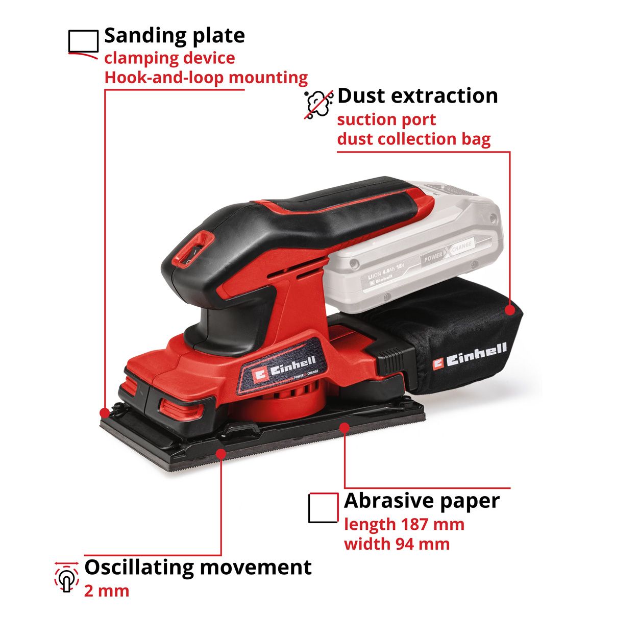 Einhell Cordless Orbital Sander 187x94mm