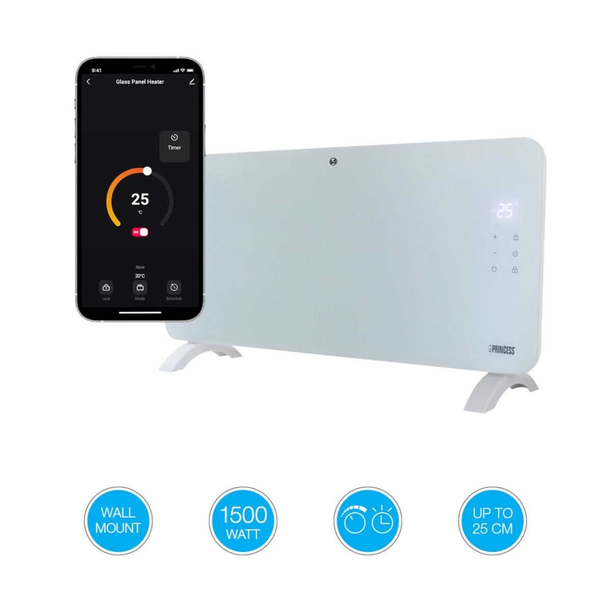 Princess Smart Glass Panel Heater 1500W White
