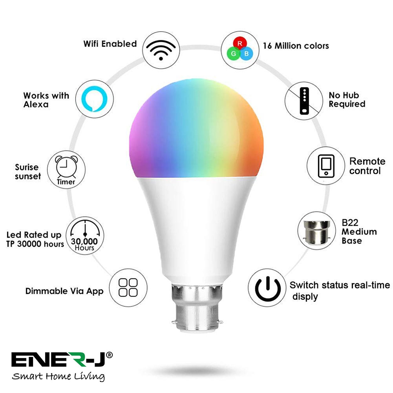 Smart WiFi 9W LED Bulb B22 Base, 2700K-6500K RGB Dimmable Colour Changing, Pack of 3