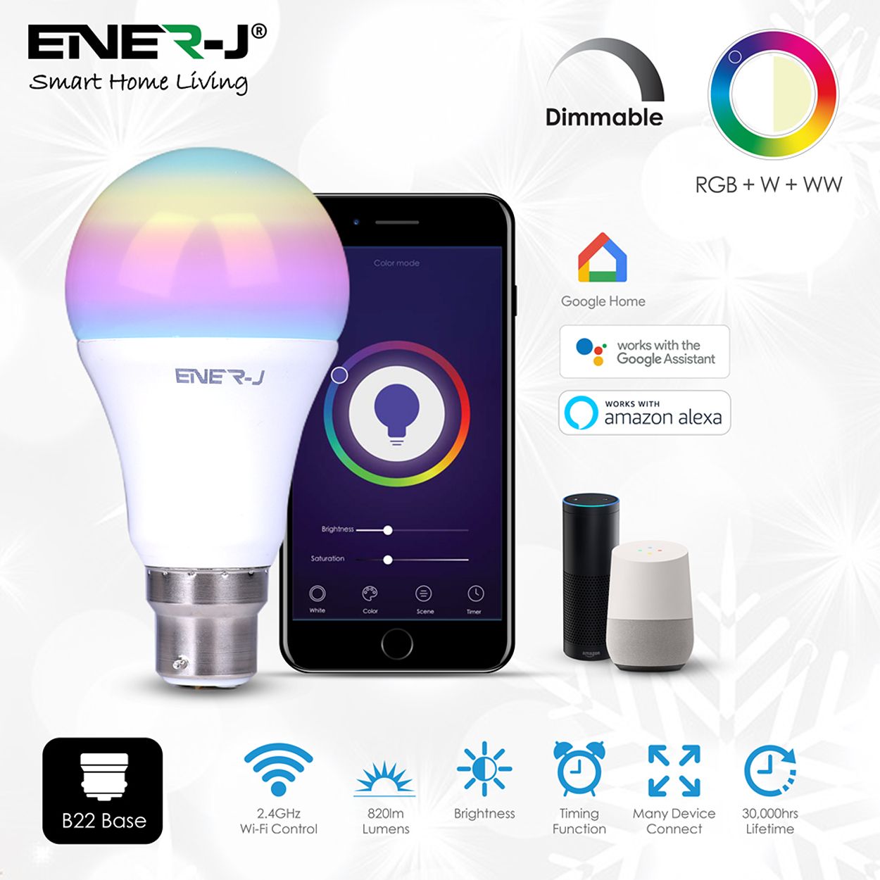 Smart WiFi 9W LED Bulb B22 Base, 2700K-6500K RGB Dimmable Colour Changing, Pack of 3