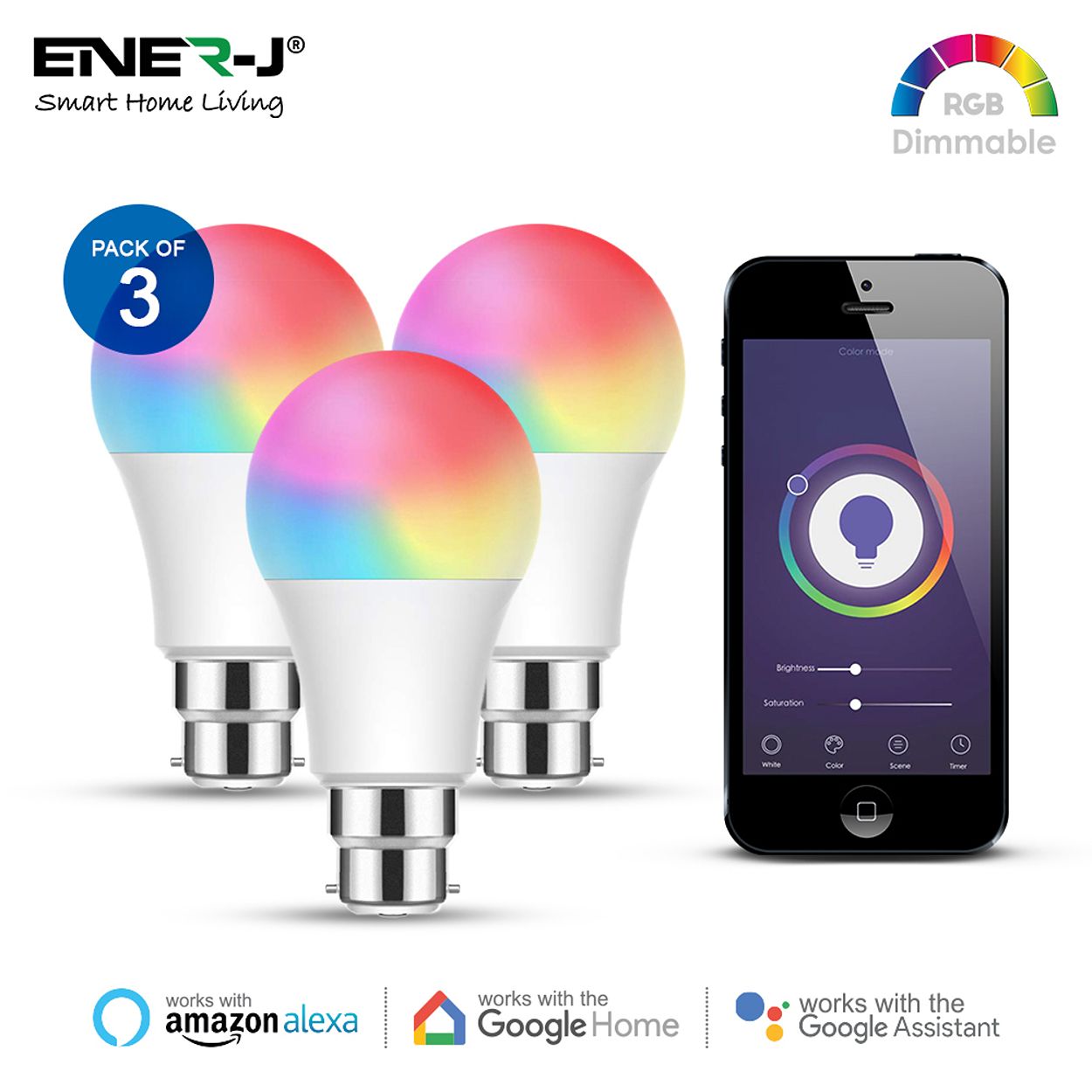 Smart WiFi 9W LED Bulb B22 Base, 2700K-6500K RGB Dimmable Colour Changing, Pack of 3