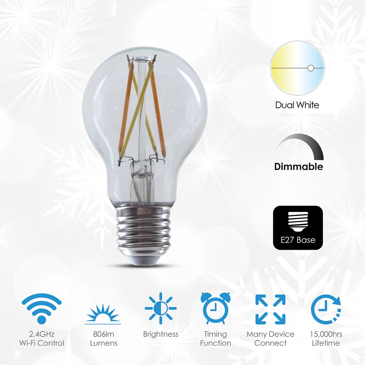 Smart Wi-Fi Filament GLS A60 Bulb 8.5W, CCT Changeable & Dimmable, E27 Base