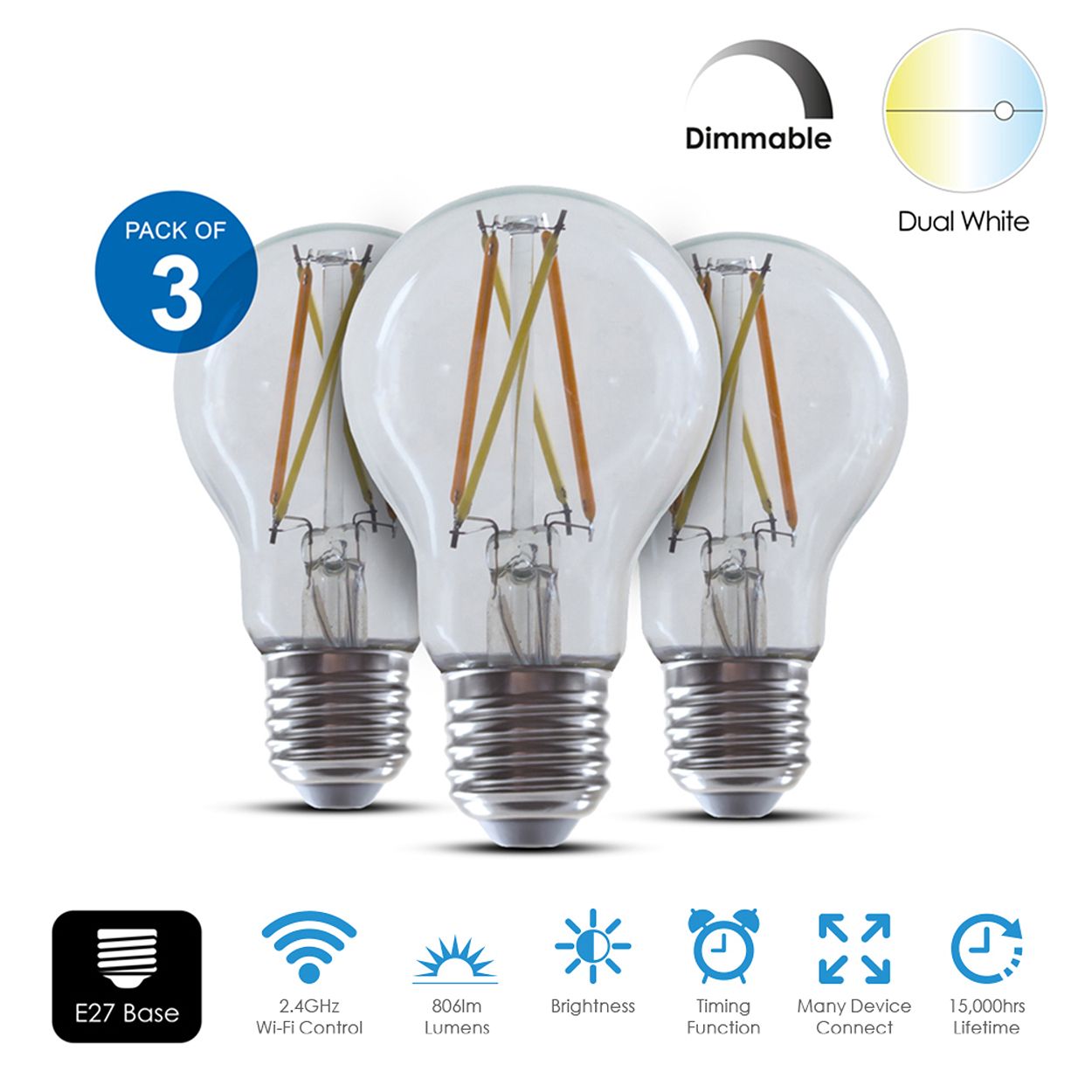 Smart Wi-Fi Filament GLS A60 Bulb 8.5W, CCT Changeable & Dimmable, E27 Base