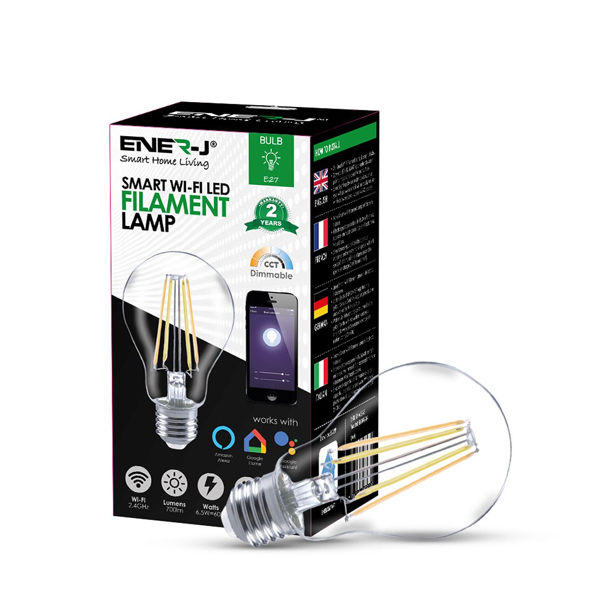 Smart Wi-Fi Filament GLS A60 Bulb 8.5W, CCT Changeable & Dimmable, E27 Base