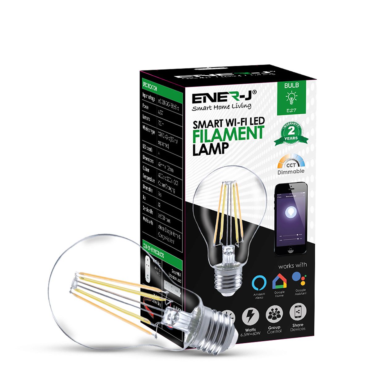 Smart Wi-Fi Filament GLS A60 Bulb 8.5W, CCT Changeable & Dimmable, E27 Base