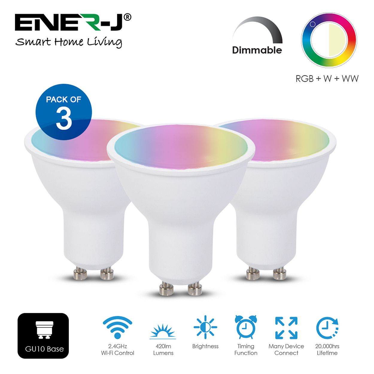 Smart WiFi 5W GU10 LED Lamp, 2700K-6500K RGB Dimmable Colour Changing, Pack of 3