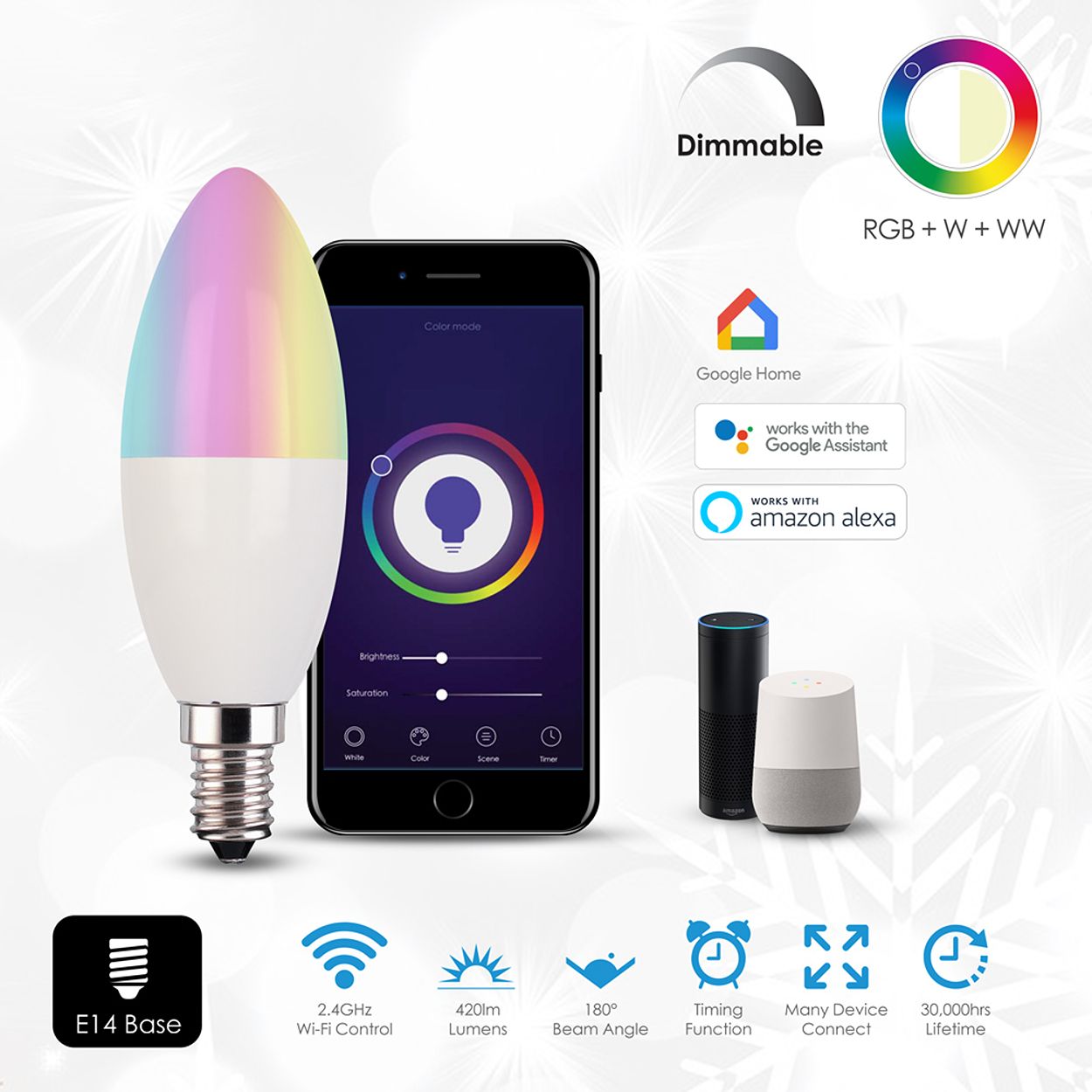 Smart WiFi 4.5W LED Candle Bulb E14 Base, 2700K-6500K RGB Dimmable Colour Changing, Pack of 3