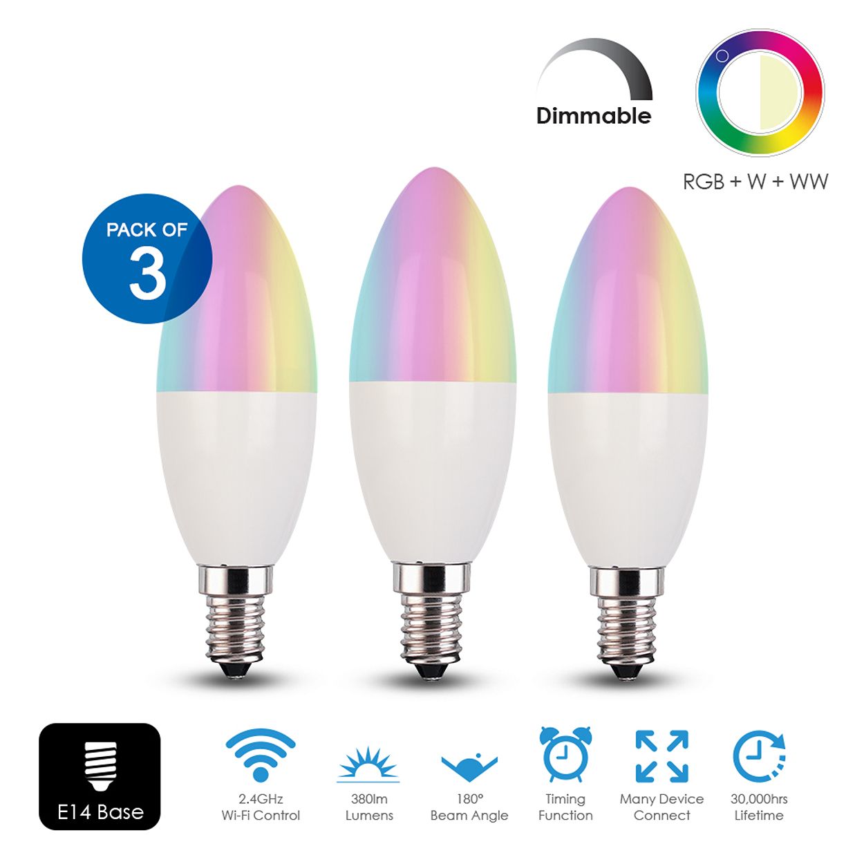 Smart WiFi 4.5W LED Candle Bulb E14 Base, 2700K-6500K RGB Dimmable Colour Changing, Pack of 3
