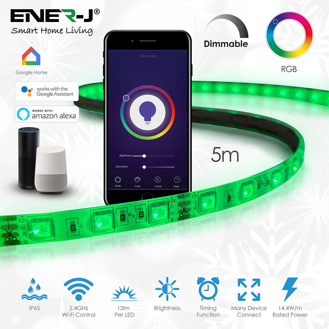 Smart Wi-Fi RGB LED Strip Plug and Play Kit - 5 Meters, IP65, APP & Voice Control