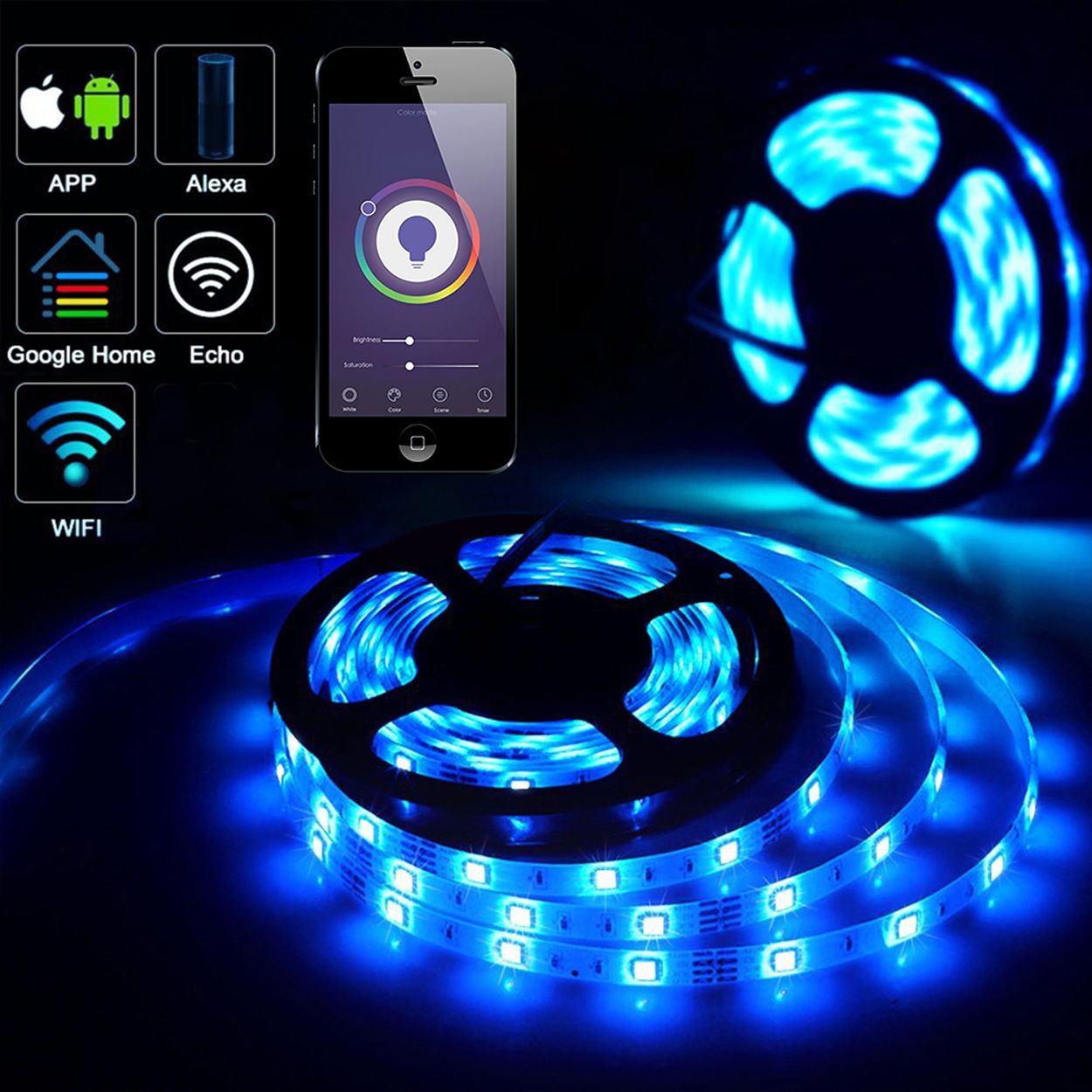 Smart Wi-Fi RGB LED Strip Plug and Play Kit - 5 Meters, IP65, APP & Voice Control