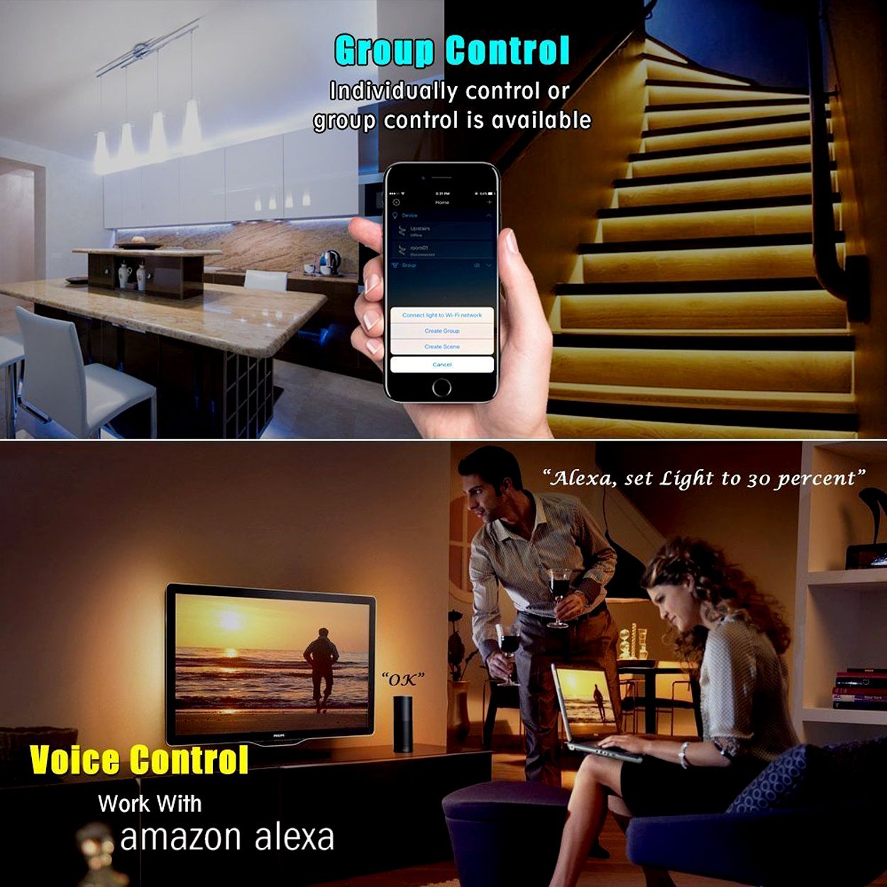 Smart Wi-Fi RGB LED Strip Plug and Play Kit - 5 Meters, IP65, APP & Voice Control